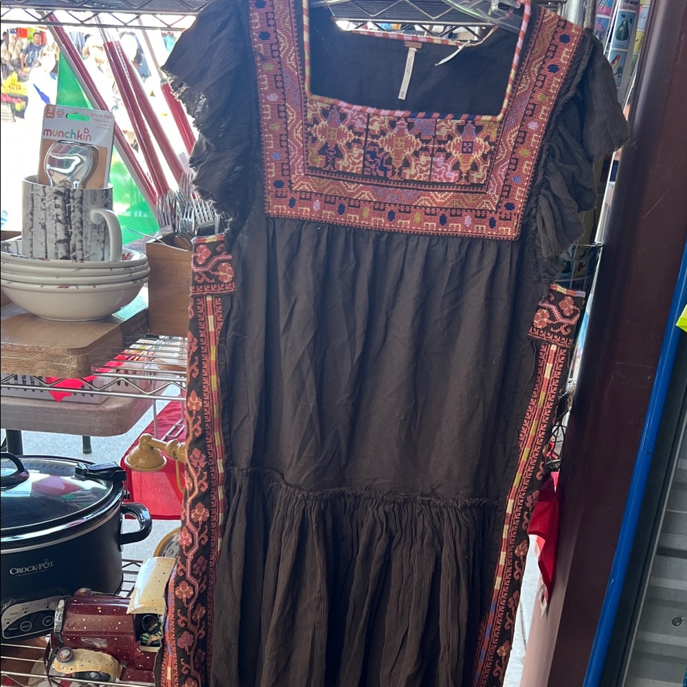Free People Dark Brown Dress with Pink Embroidery - Picture 1 of 2